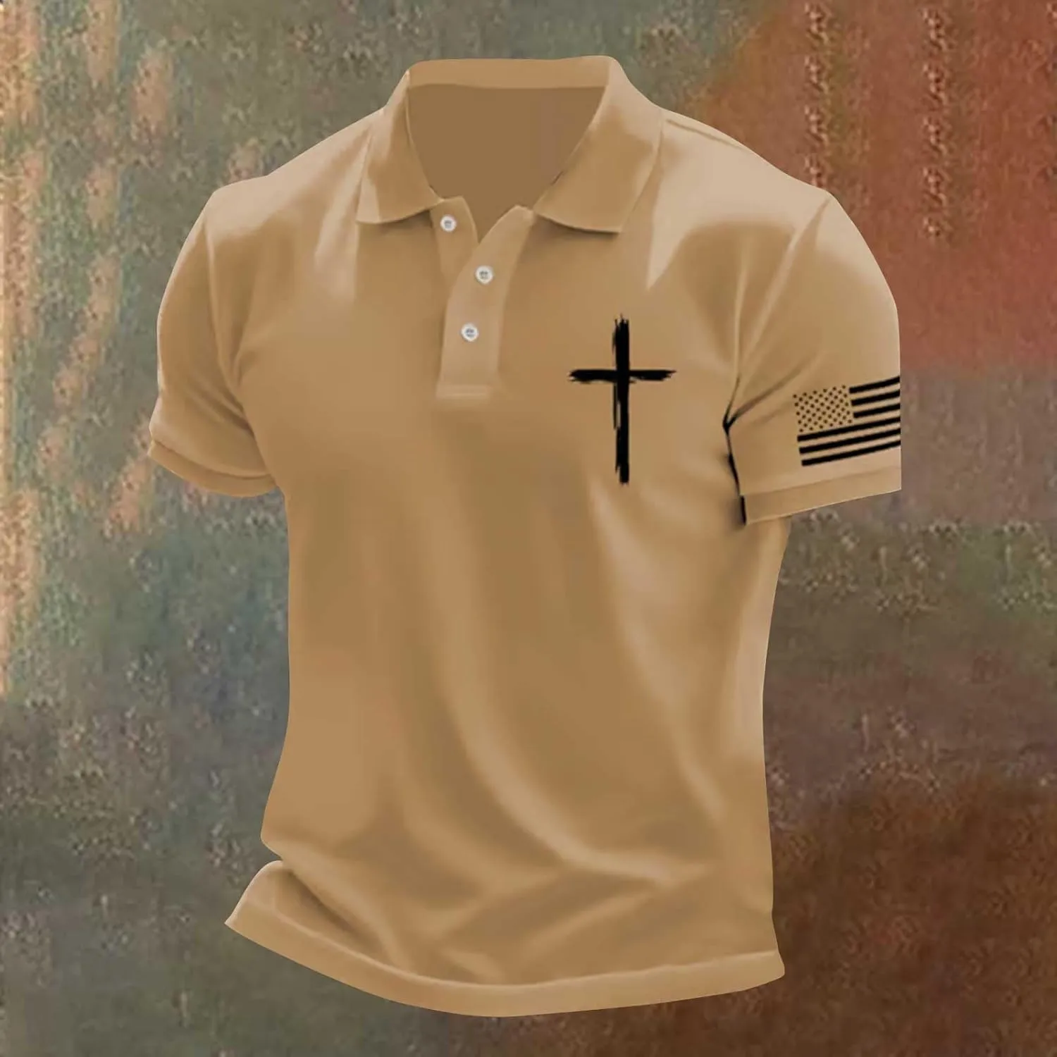 Patriotic Polo Shirts for Men 4th of July Flag Christian Faith Cross Printed Short Sleeve Button Lapel Golf Shirts