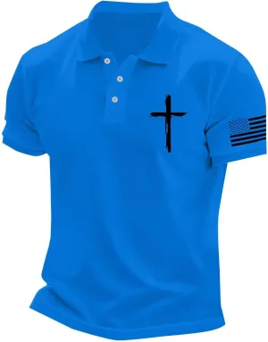 Patriotic Polo Shirts for Men 4th of July Flag Christian Faith Cross Printed Short Sleeve Button Lapel Golf Shirts