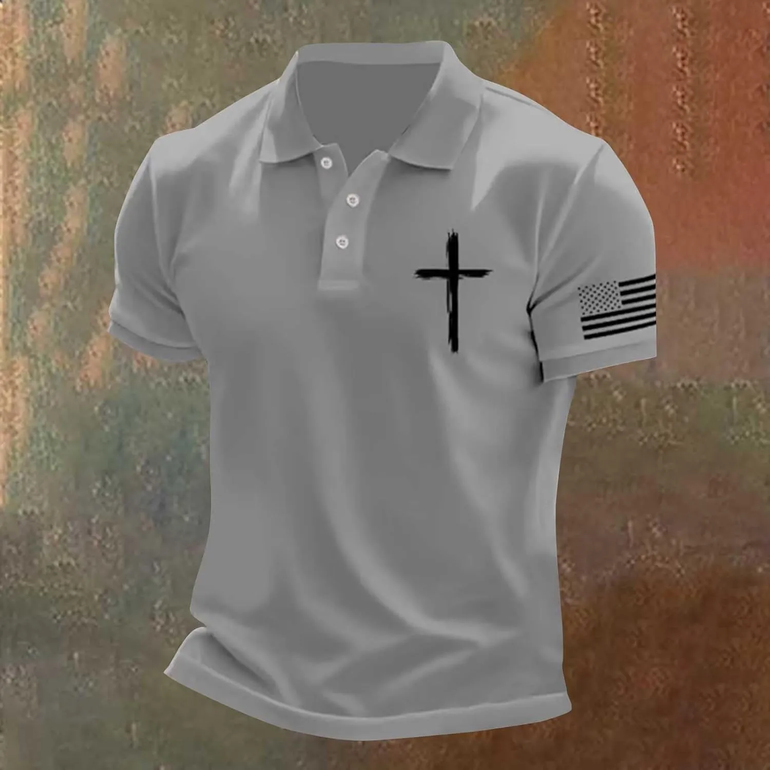 Patriotic Polo Shirts for Men 4th of July Flag Christian Faith Cross Printed Short Sleeve Button Lapel Golf Shirts