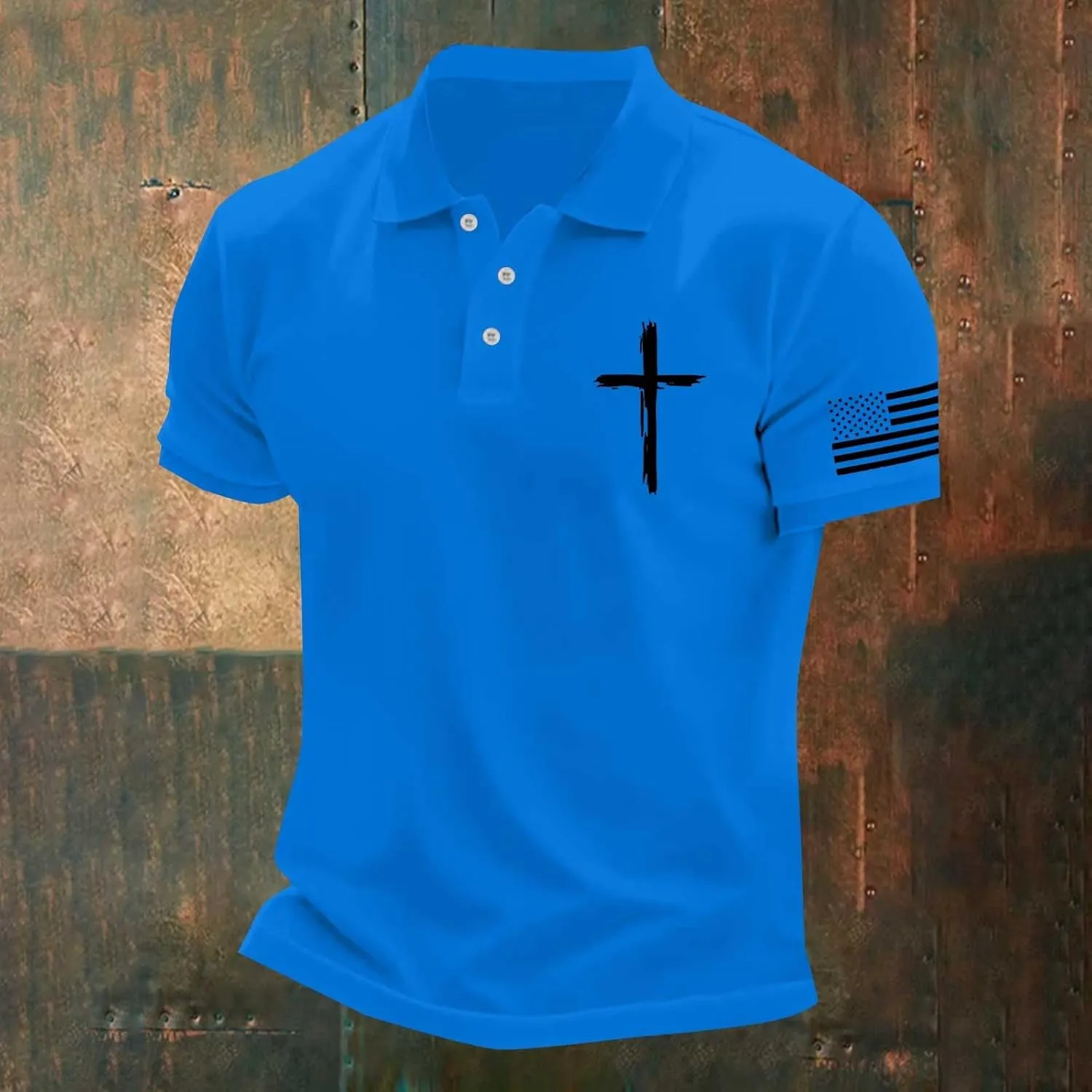 Patriotic Polo Shirts for Men 4th of July Flag Christian Faith Cross Printed Short Sleeve Button Lapel Golf Shirts