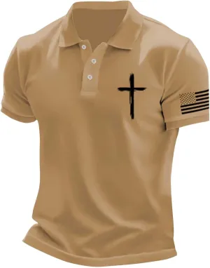 Patriotic Polo Shirts for Men 4th of July Flag Christian Faith Cross Printed Short Sleeve Button Lapel Golf Shirts