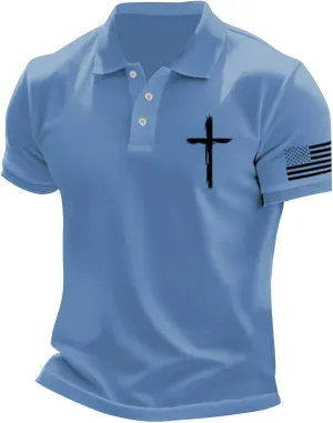 Patriotic Polo Shirts for Men 4th of July Flag Christian Faith Cross Printed Short Sleeve Button Lapel Golf Shirts