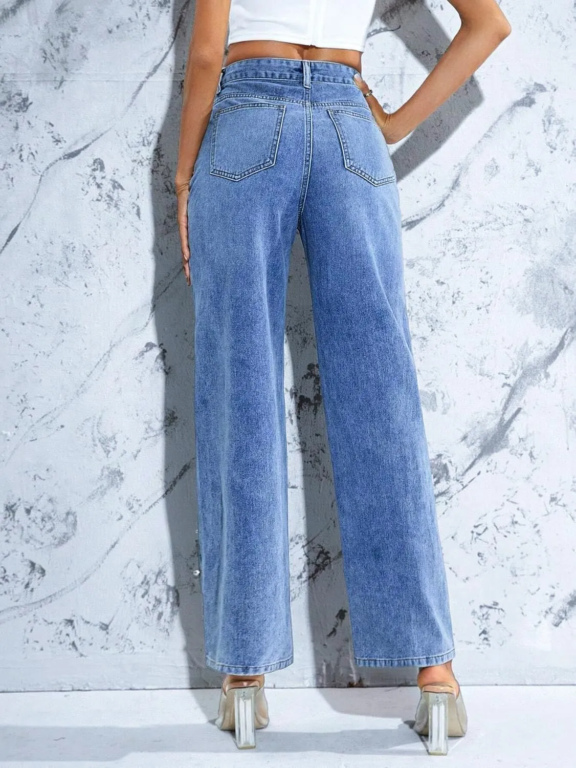 Pearl Jeans for Women High Waisted Straight Wide Leg Denim Pants Casual Baggy Boyfriend Trousers