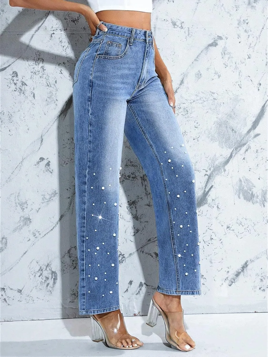 Pearl Jeans for Women High Waisted Straight Wide Leg Denim Pants Casual Baggy Boyfriend Trousers