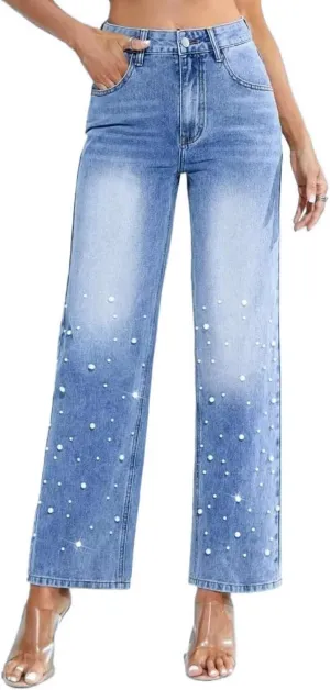 Pearl Jeans for Women High Waisted Straight Wide Leg Denim Pants Casual Baggy Boyfriend Trousers