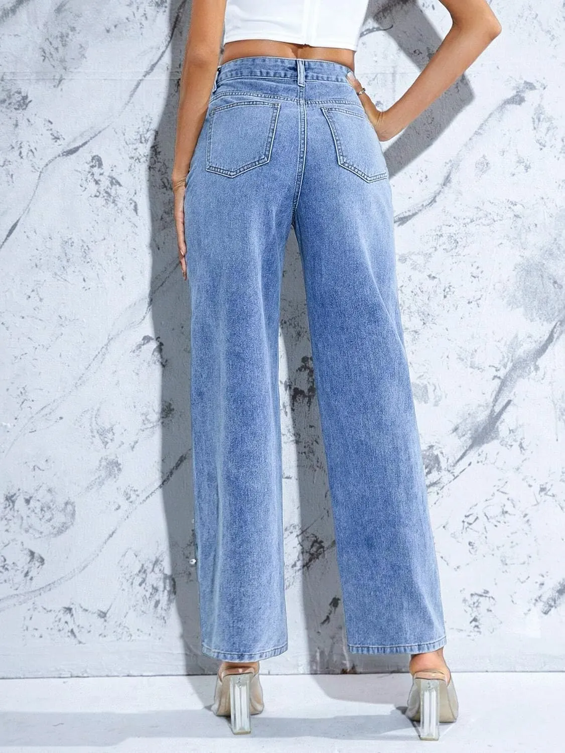 Pearl Jeans for Women High Waisted Straight Wide Leg Denim Pants Casual Baggy Boyfriend Trousers