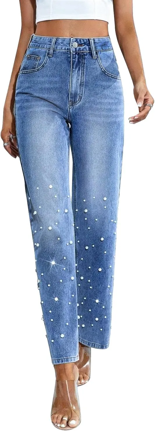 Pearl Jeans for Women High Waisted Straight Wide Leg Denim Pants Casual Baggy Boyfriend Trousers