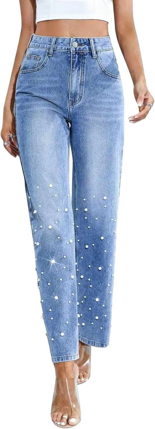 Pearl Jeans for Women High Waisted Straight Wide Leg Denim Pants Casual Baggy Boyfriend Trousers