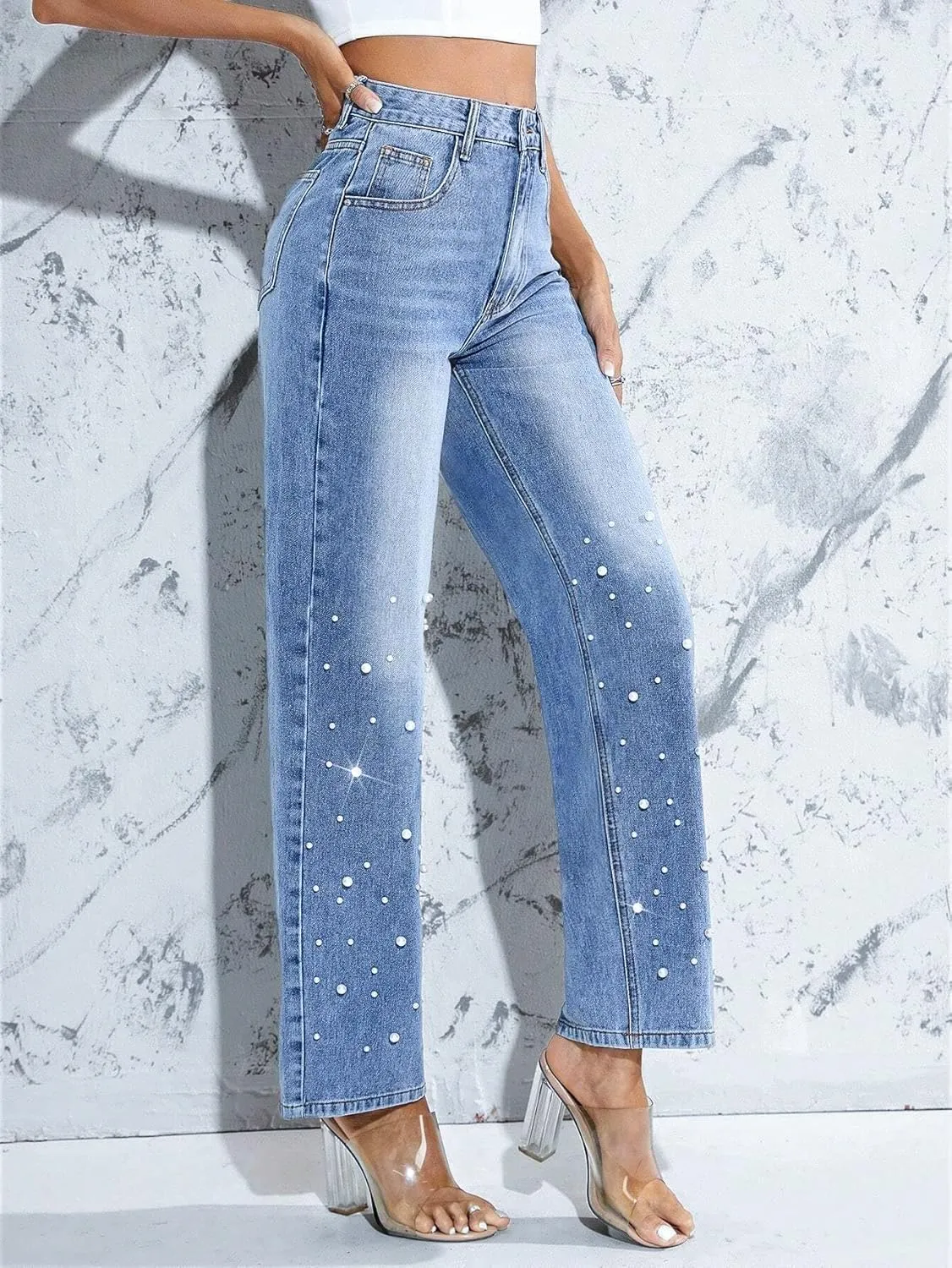 Pearl Jeans for Women High Waisted Straight Wide Leg Denim Pants Casual Baggy Boyfriend Trousers