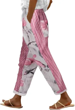 Petite Linen Pants for Women, Cotton Pants Women, Pantalon De Lino para Mujer, Capri Elastic Waist Trousers Casual Loose Summer Lounge Long Trousers Pink XX-Large