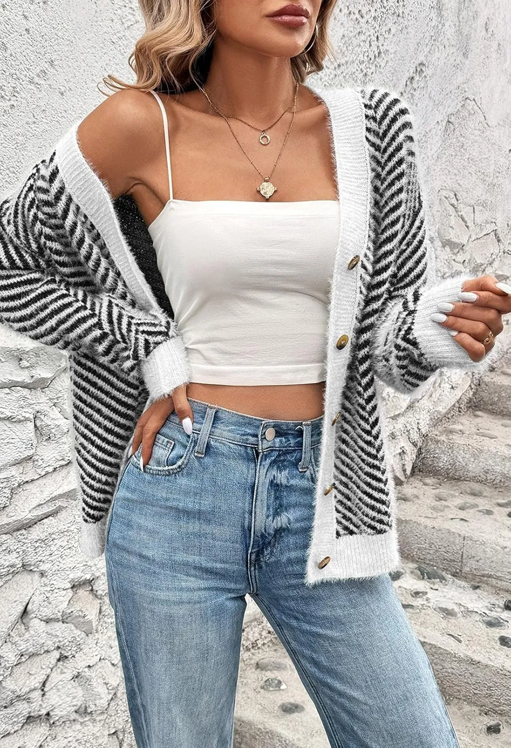 Pink Queen Women's Fuzzy Sweater Cardigans 2024 Long Sleeve Button Down Open Front Stripe Color Block Knit Cardigan Outerwear