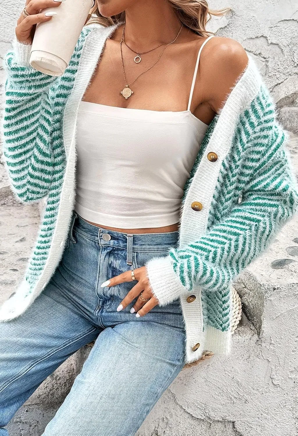 Pink Queen Women's Fuzzy Sweater Cardigans 2024 Long Sleeve Button Down Open Front Stripe Color Block Knit Cardigan Outerwear