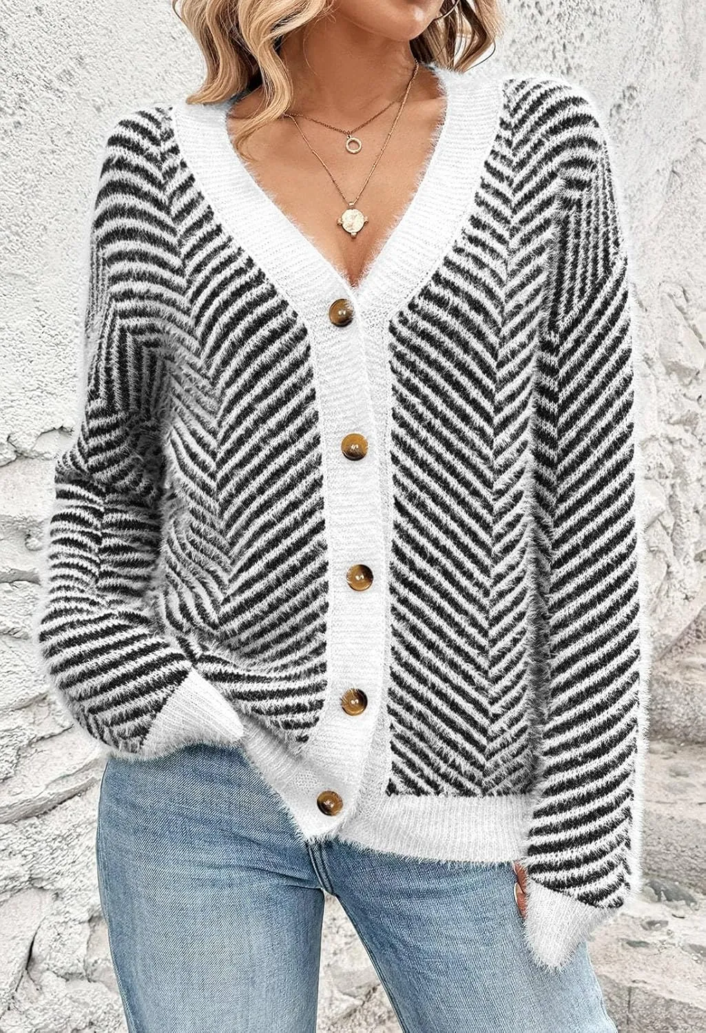 Pink Queen Women's Fuzzy Sweater Cardigans 2024 Long Sleeve Button Down Open Front Stripe Color Block Knit Cardigan Outerwear