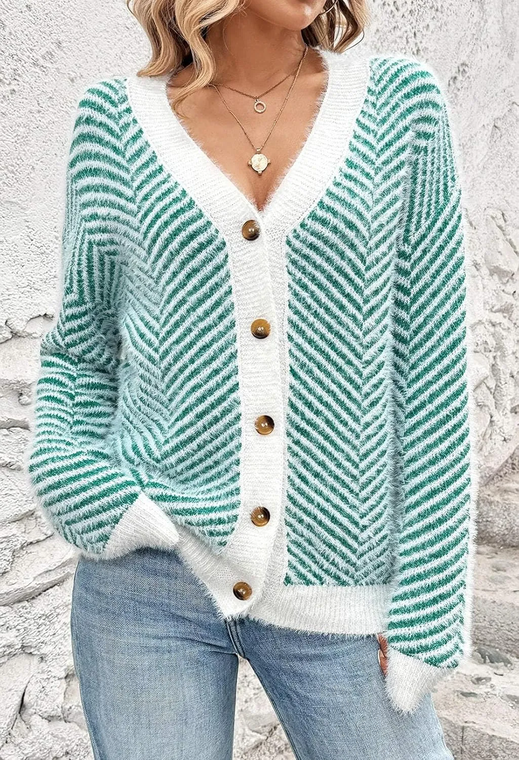 Pink Queen Women's Fuzzy Sweater Cardigans 2024 Long Sleeve Button Down Open Front Stripe Color Block Knit Cardigan Outerwear