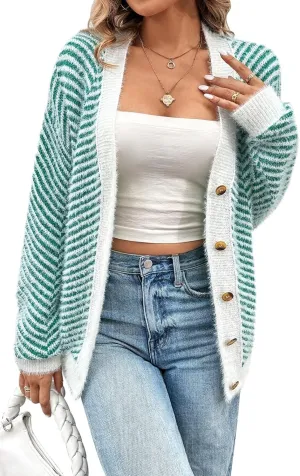 Pink Queen Women's Fuzzy Sweater Cardigans 2024 Long Sleeve Button Down Open Front Stripe Color Block Knit Cardigan Outerwear