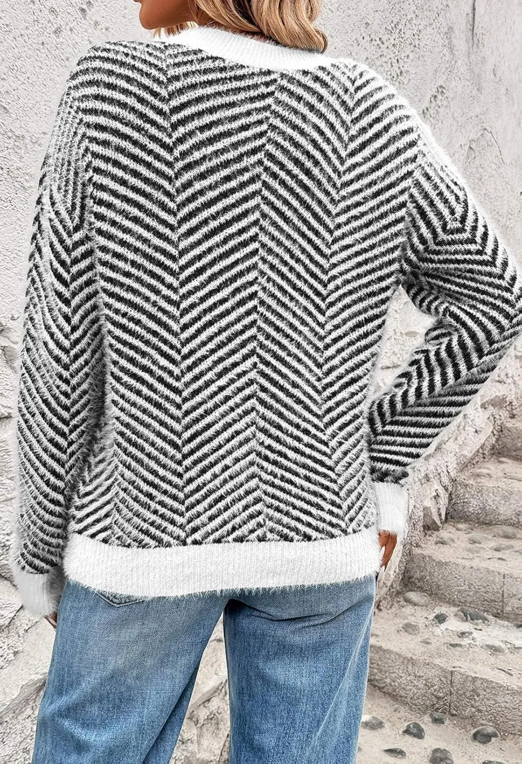 Pink Queen Women's Fuzzy Sweater Cardigans 2024 Long Sleeve Button Down Open Front Stripe Color Block Knit Cardigan Outerwear