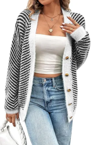 Pink Queen Women's Fuzzy Sweater Cardigans 2024 Long Sleeve Button Down Open Front Stripe Color Block Knit Cardigan Outerwear