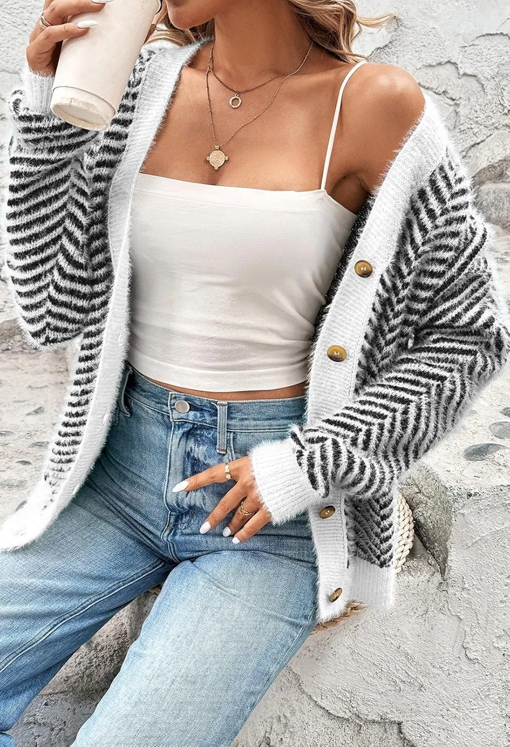 Pink Queen Women's Fuzzy Sweater Cardigans 2024 Long Sleeve Button Down Open Front Stripe Color Block Knit Cardigan Outerwear