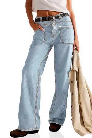 PLNOTME Womens Cuffed Wide Leg Jeans Boyfriend Casual Mid Rise Denim Pants with Pockets