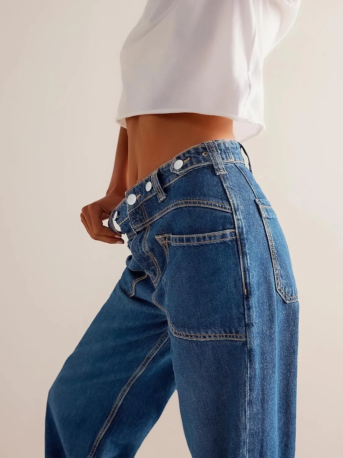 PLNOTME Womens Cuffed Wide Leg Jeans Boyfriend Casual Mid Rise Denim Pants with Pockets