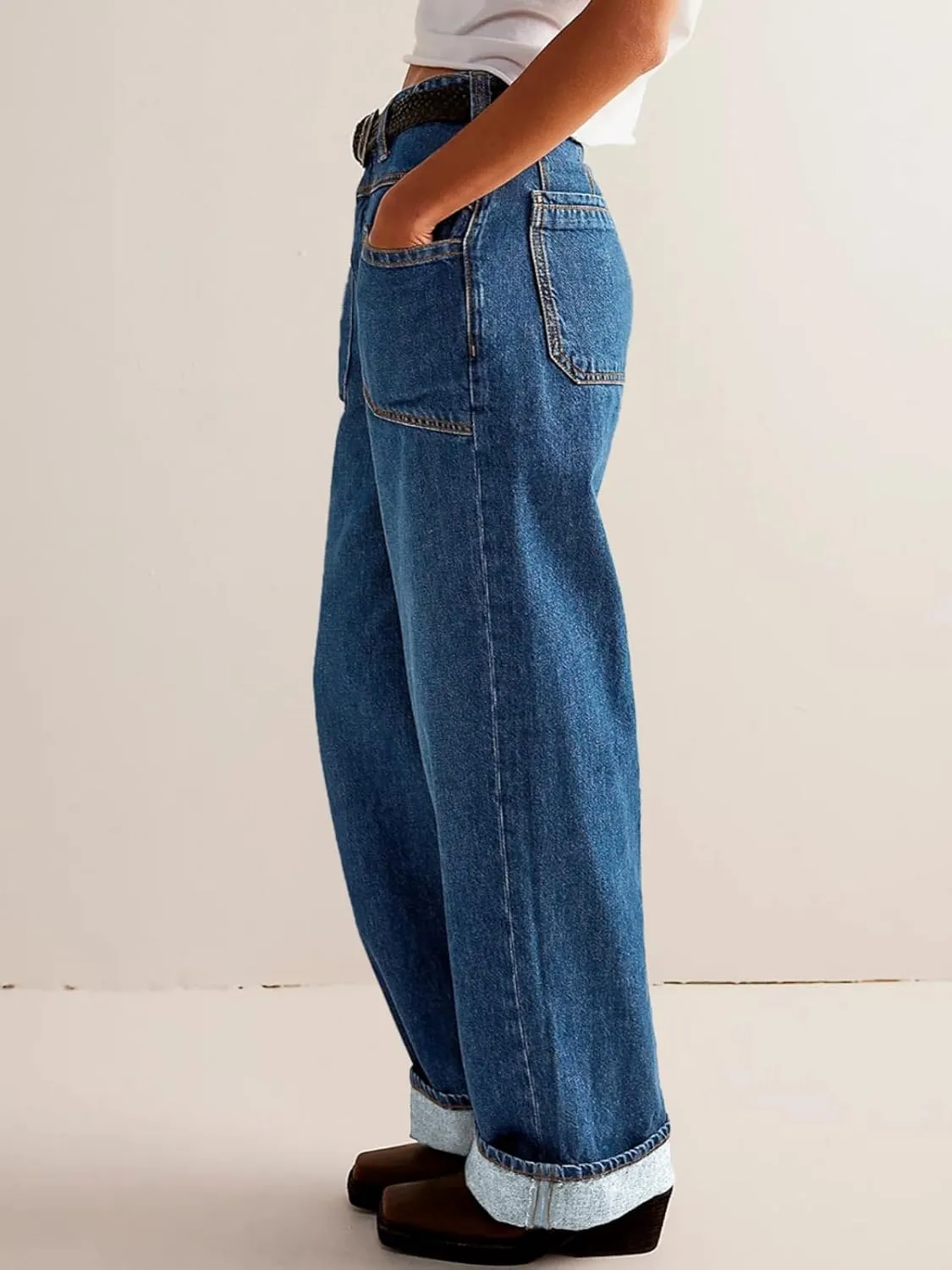 PLNOTME Womens Cuffed Wide Leg Jeans Boyfriend Casual Mid Rise Denim Pants with Pockets