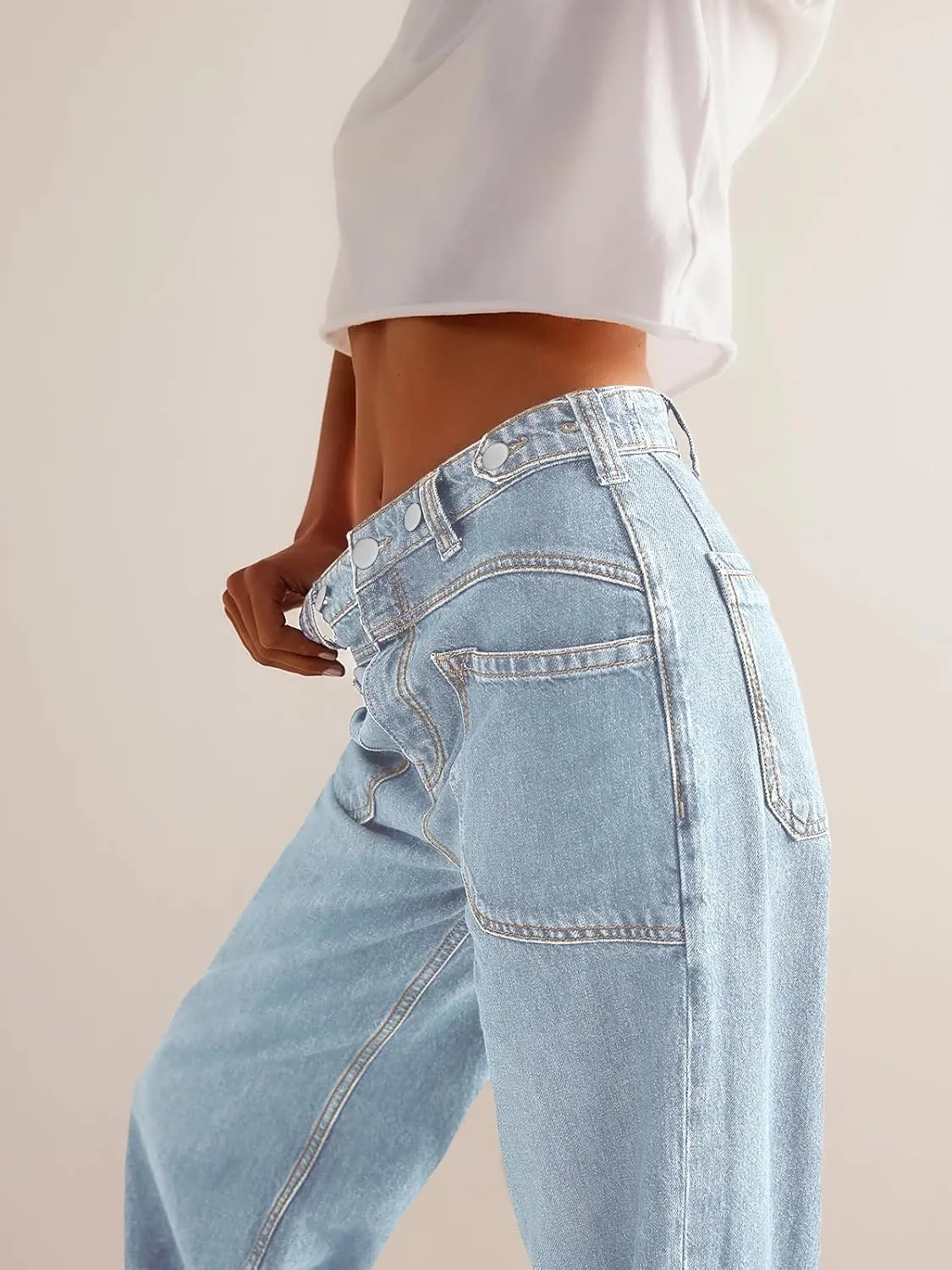 PLNOTME Womens Cuffed Wide Leg Jeans Boyfriend Casual Mid Rise Denim Pants with Pockets