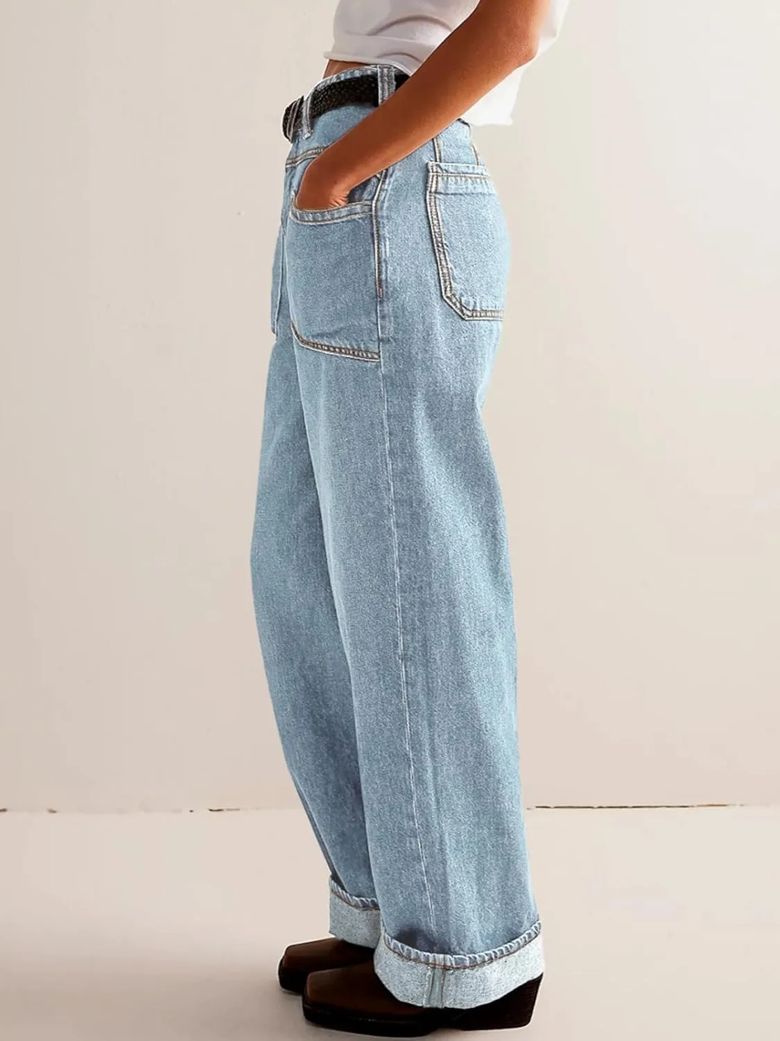 PLNOTME Womens Cuffed Wide Leg Jeans Boyfriend Casual Mid Rise Denim Pants with Pockets