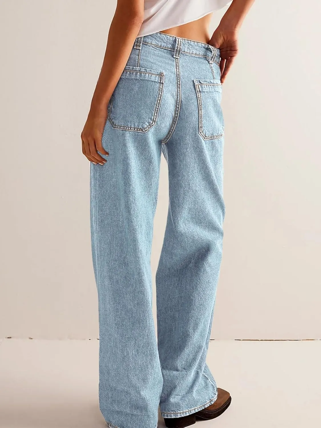 PLNOTME Womens Cuffed Wide Leg Jeans Boyfriend Casual Mid Rise Denim Pants with Pockets
