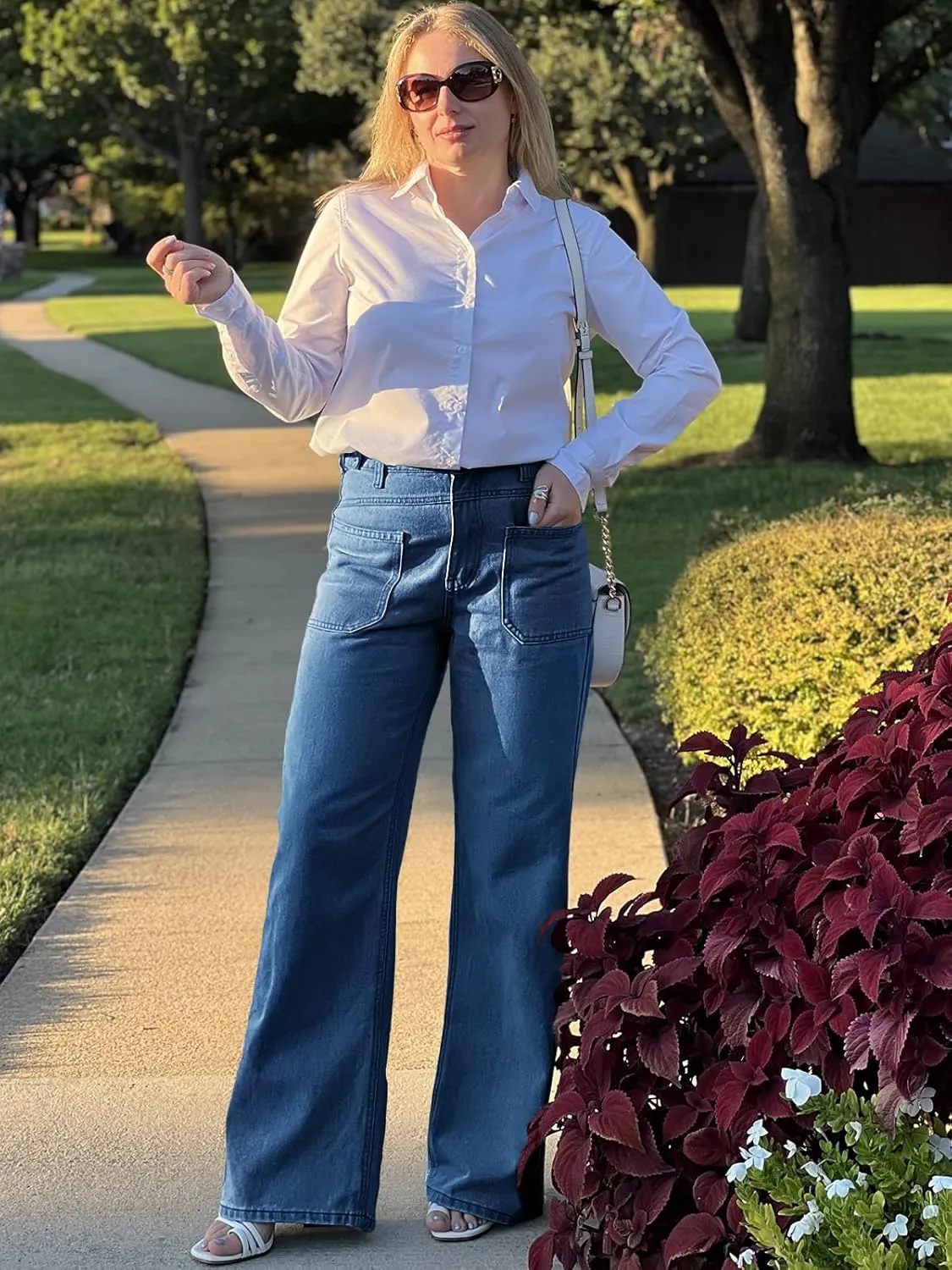 PLNOTME Womens Cuffed Wide Leg Jeans Boyfriend Casual Mid Rise Denim Pants with Pockets