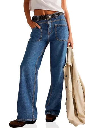 PLNOTME Womens Cuffed Wide Leg Jeans Boyfriend Casual Mid Rise Denim Pants with Pockets