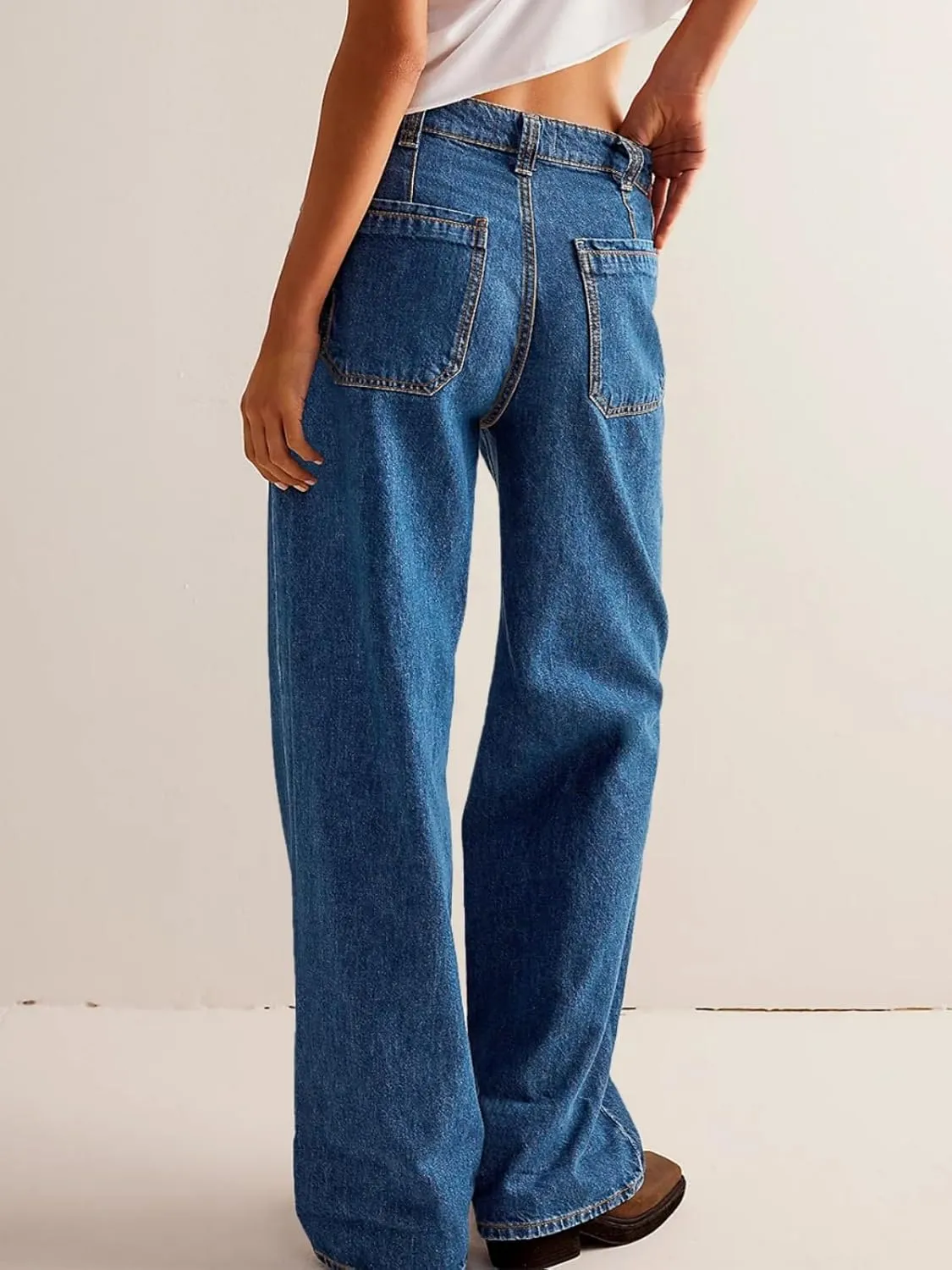 PLNOTME Womens Cuffed Wide Leg Jeans Boyfriend Casual Mid Rise Denim Pants with Pockets
