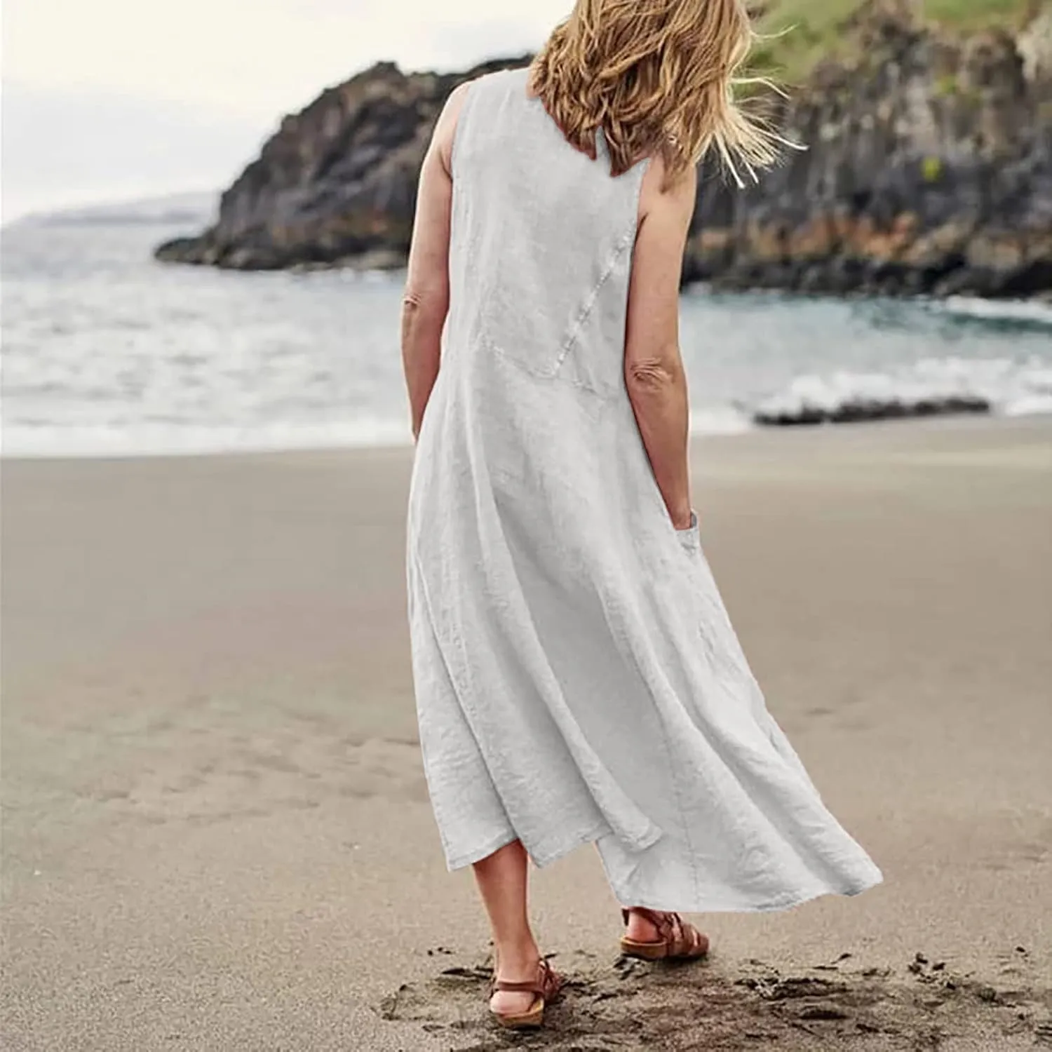 Plus Size Cotton Linen Maxi Summer Dresses for Curvy Women 2025 Sleeveless Vacation Beach Sundresses with Pockets