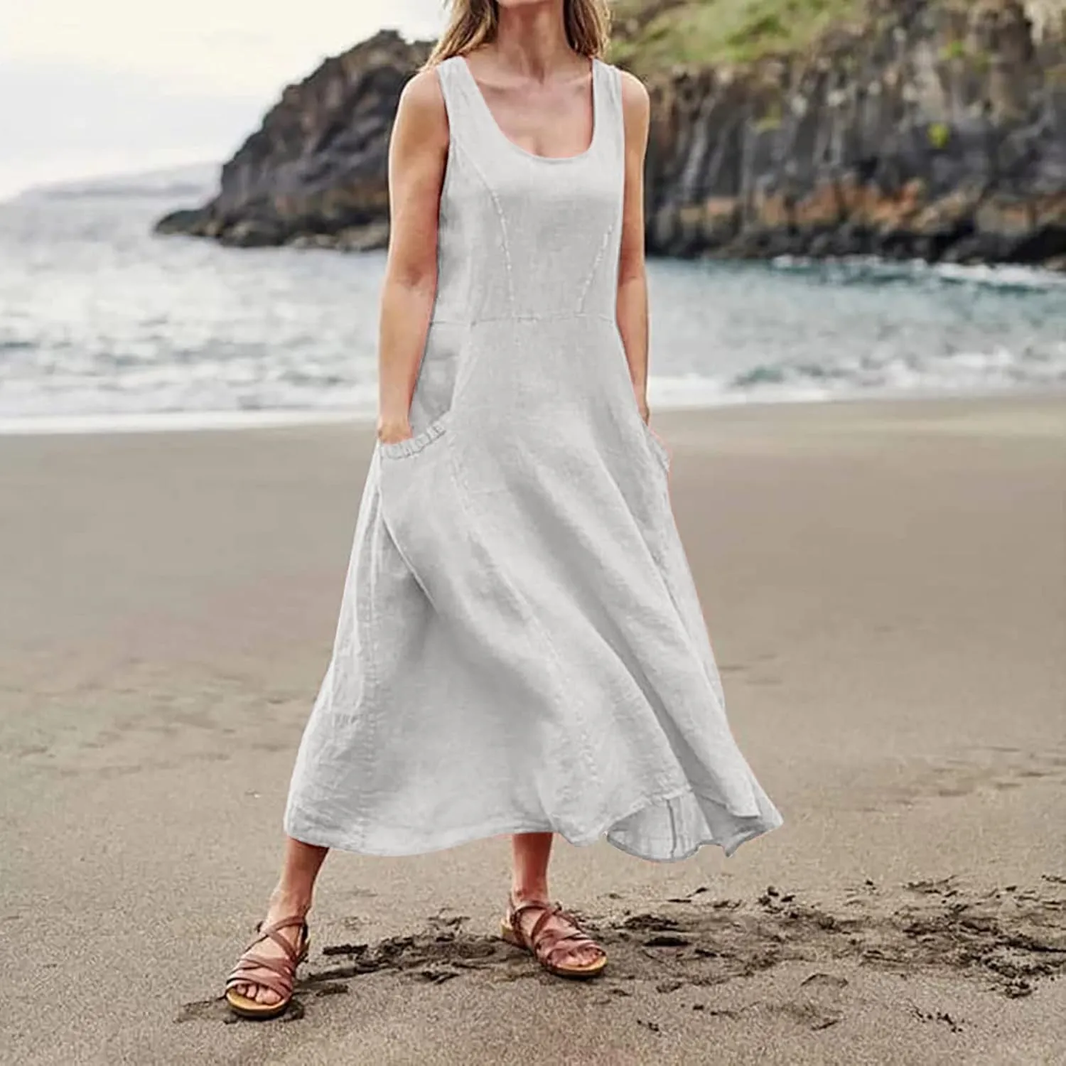 Plus Size Cotton Linen Maxi Summer Dresses for Curvy Women 2025 Sleeveless Vacation Beach Sundresses with Pockets