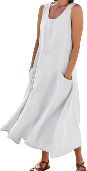 Plus Size Cotton Linen Maxi Summer Dresses for Curvy Women 2025 Sleeveless Vacation Beach Sundresses with Pockets