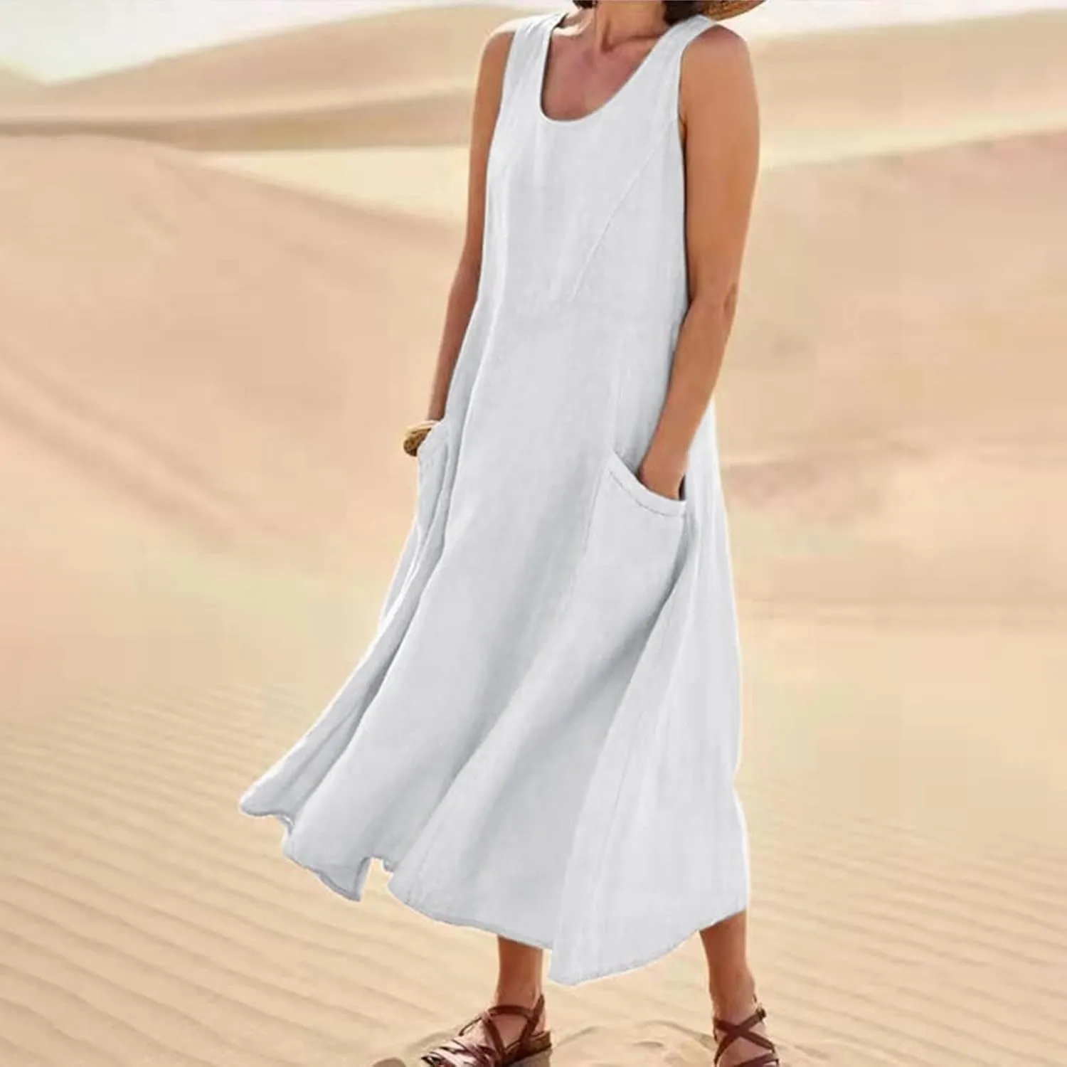 Plus Size Cotton Linen Maxi Summer Dresses for Curvy Women 2025 Sleeveless Vacation Beach Sundresses with Pockets