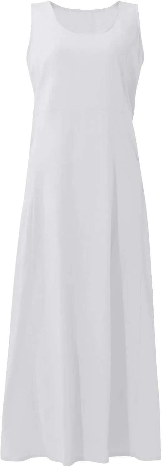 Plus Size Cotton Linen Maxi Summer Dresses for Curvy Women 2025 Sleeveless Vacation Beach Sundresses with Pockets