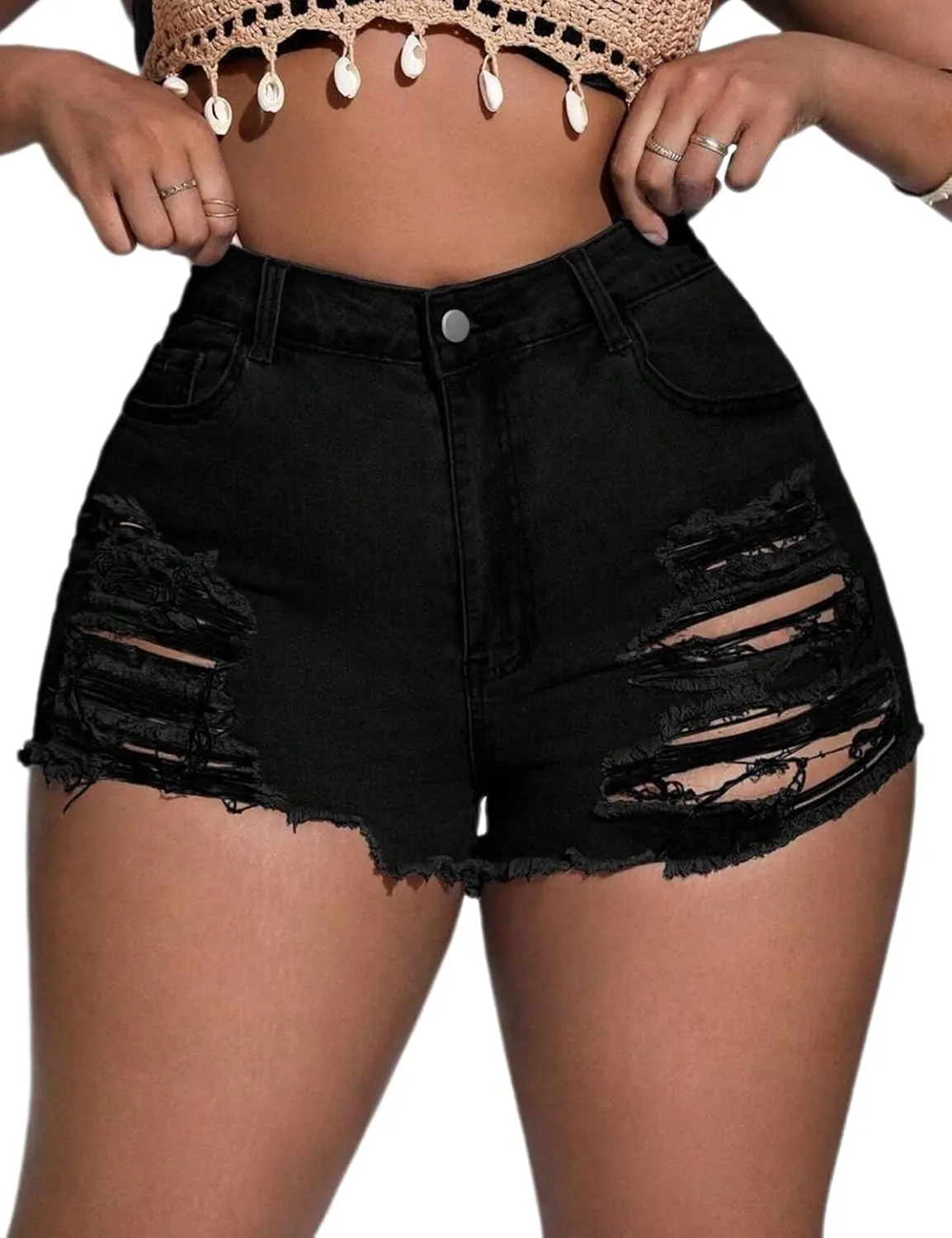 Plus Size Denim Shorts Women High Waisted Ripped Folded Hem Jean Shorts