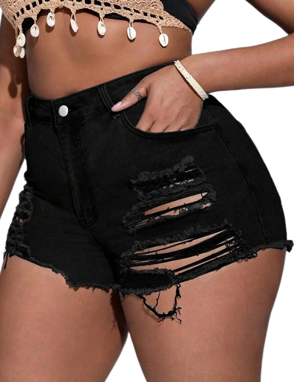 Plus Size Denim Shorts Women High Waisted Ripped Folded Hem Jean Shorts