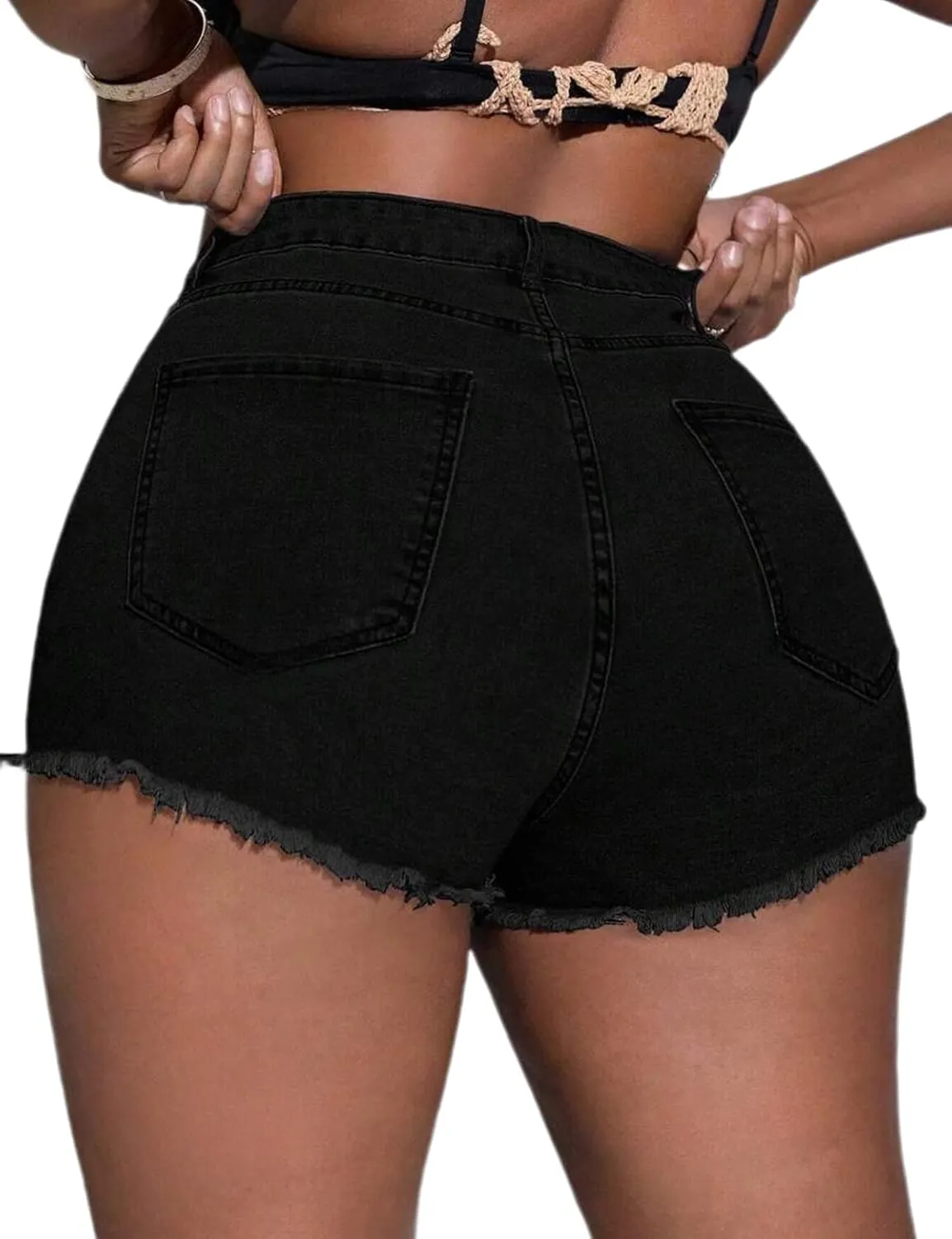 Plus Size Denim Shorts Women High Waisted Ripped Folded Hem Jean Shorts