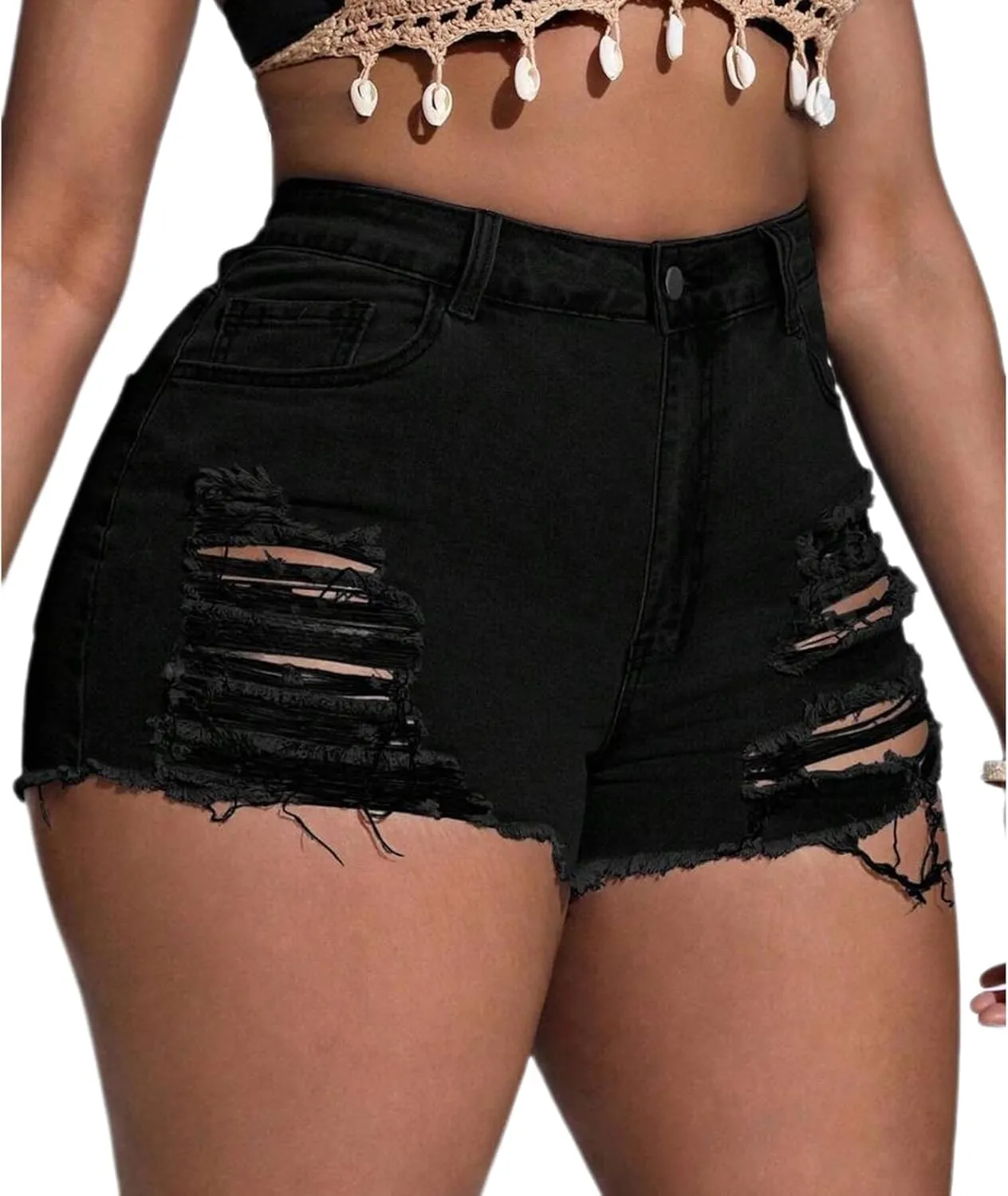 Plus Size Denim Shorts Women High Waisted Ripped Folded Hem Jean Shorts