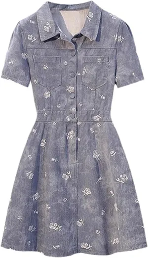 Plus Size Summer Denim Short Sleeve V-Neck A-Line Midi Dress