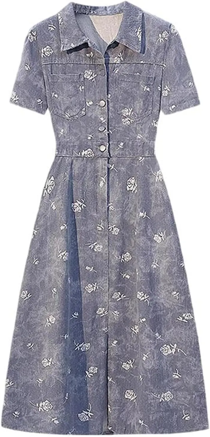 Plus Size Summer Denim Short Sleeve V-Neck A-Line Midi Dress