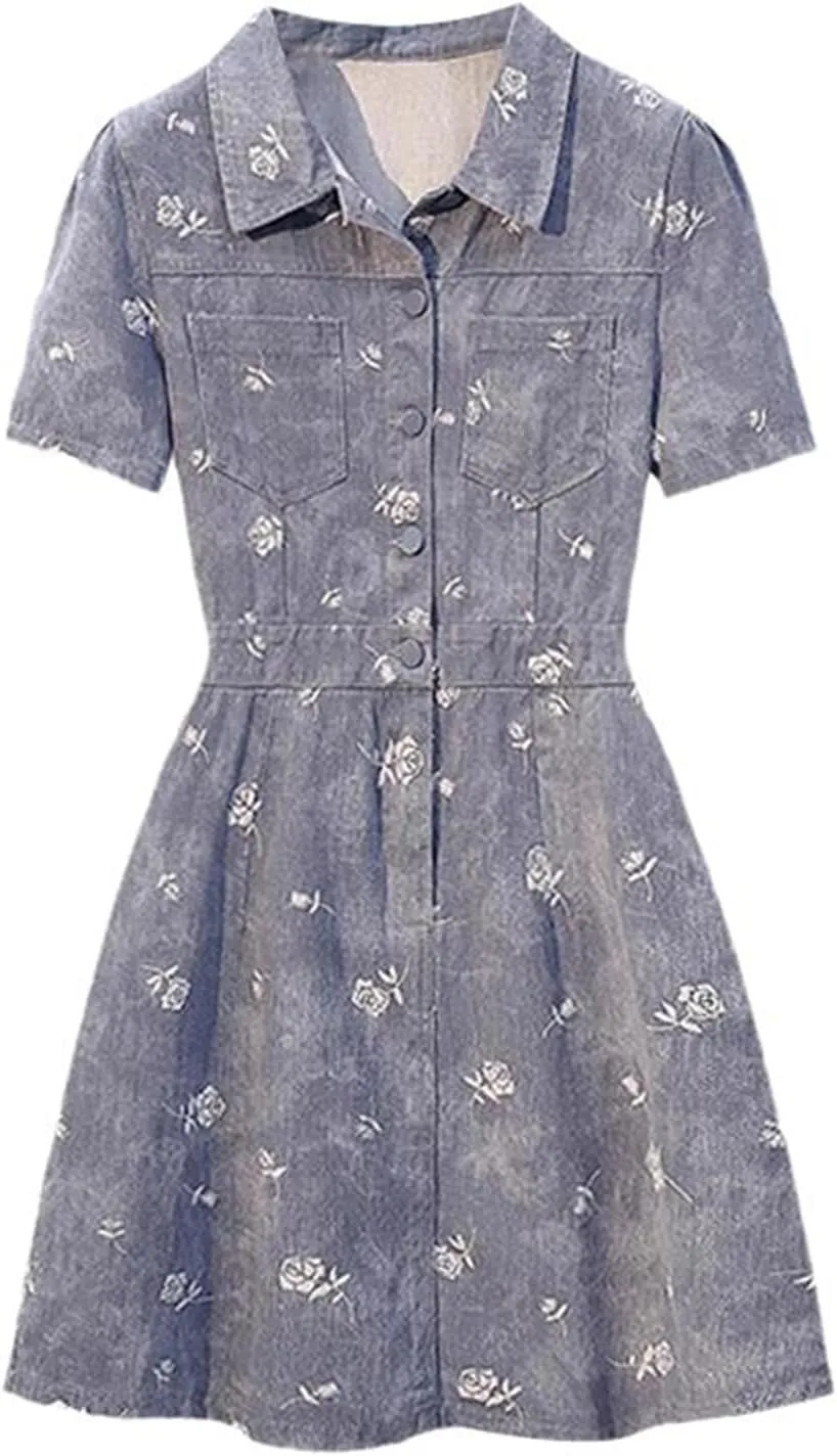Plus Size Summer Denim Short Sleeve V-Neck A-Line Midi Dress