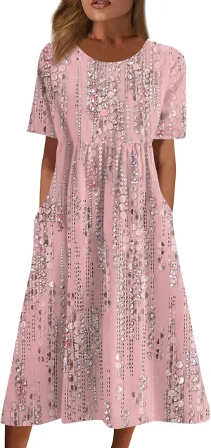 Plus Size Summer Dresses Casual Midi Dress Trendy Short Sleeve Smocked Flowy Elegant Floral Vintage Party Dress