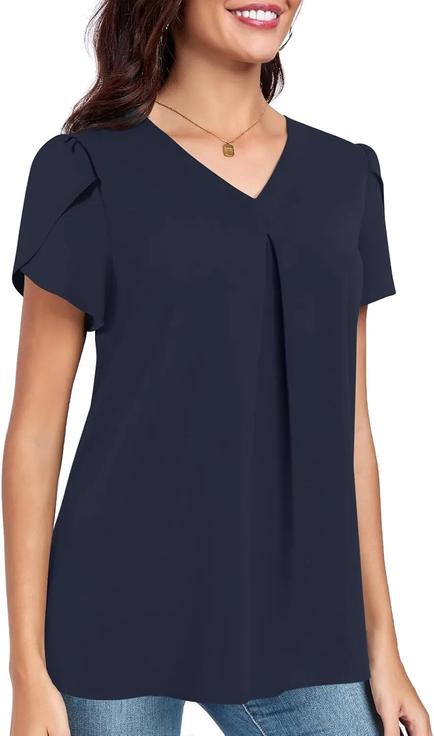 POPYOUNG Women's Summer Dressy Chiffon Blouses Short Sleeve V Neck Tunic Tops for Leggings Casual T-Shirts