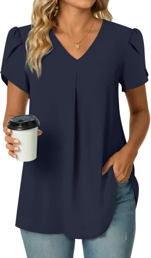 POPYOUNG Women's Summer Dressy Chiffon Blouses Short Sleeve V Neck Tunic Tops for Leggings Casual T-Shirts