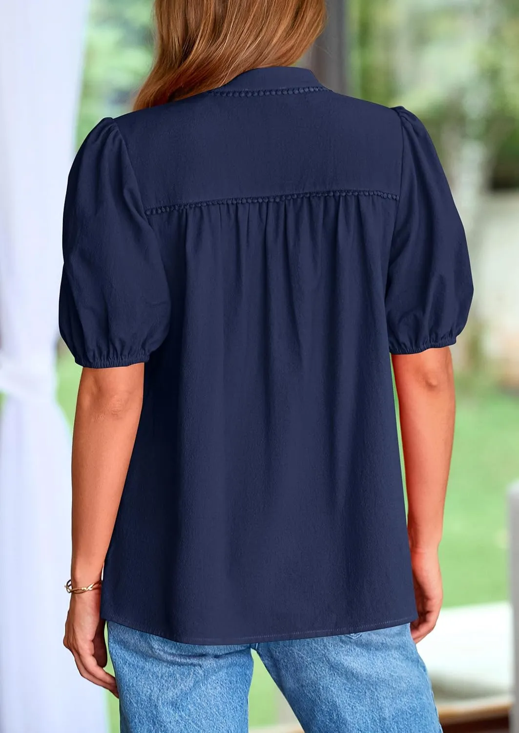 PRETTYGARDEN Womens Casual Summer Tops 2025 V Neck Short Puff Sleeve Pleated Cotton T Shirts Loose Dressy Blouses