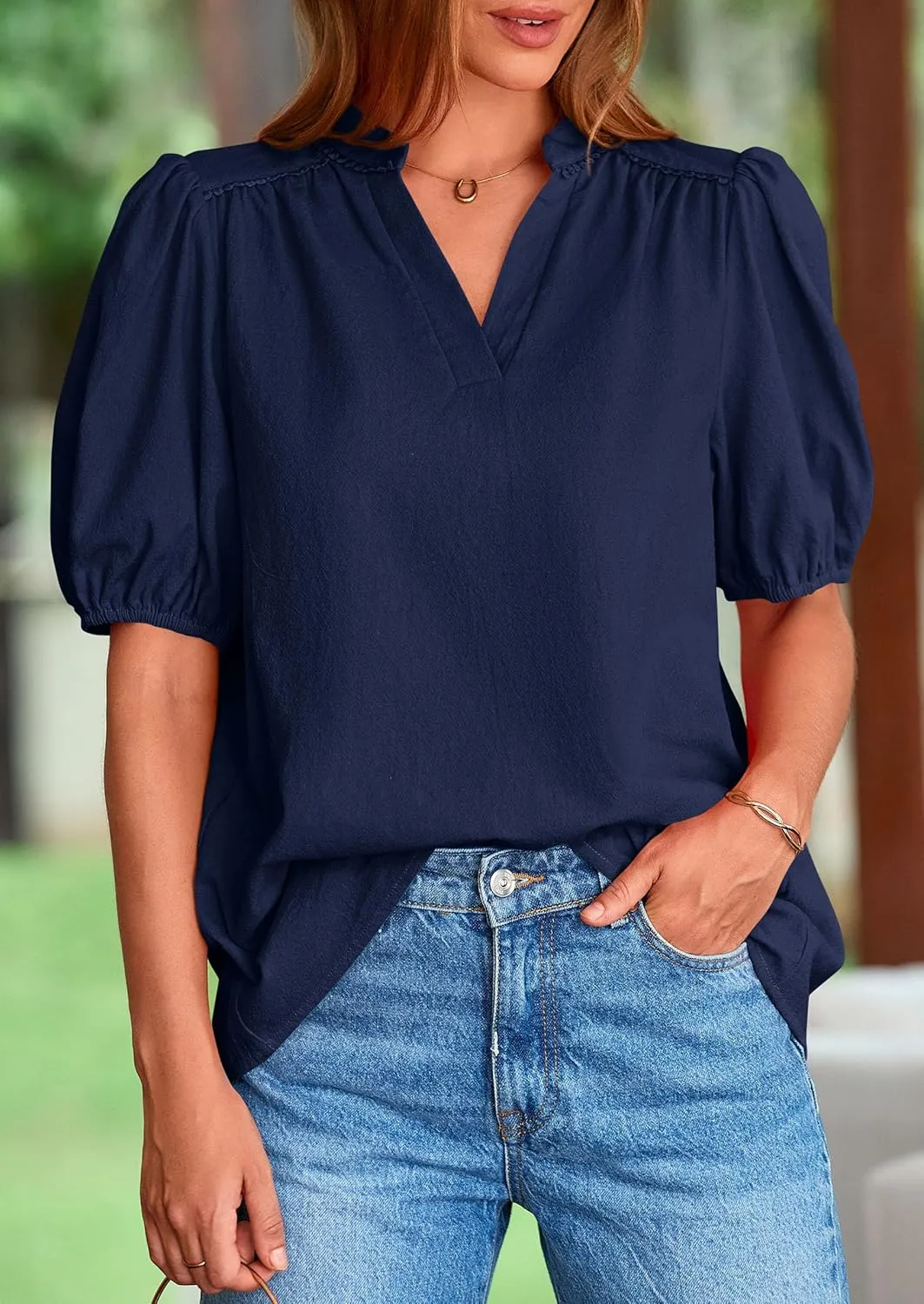 PRETTYGARDEN Womens Casual Summer Tops 2025 V Neck Short Puff Sleeve Pleated Cotton T Shirts Loose Dressy Blouses