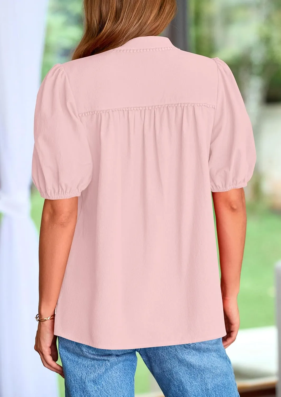 PRETTYGARDEN Womens Casual Summer Tops 2025 V Neck Short Puff Sleeve Pleated Cotton T Shirts Loose Dressy Blouses