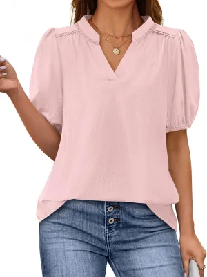 PRETTYGARDEN Womens Casual Summer Tops 2025 V Neck Short Puff Sleeve Pleated Cotton T Shirts Loose Dressy Blouses